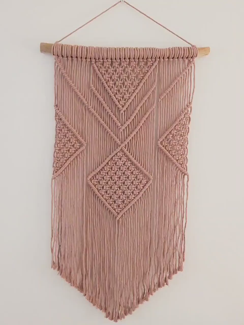 Macrame Wall Hanging - 3 Foot Length, Mauve Cotton Rope, Boho Chic Farmhouse Decor for Bedroom, Driftwood, Living Room, Hand Mad