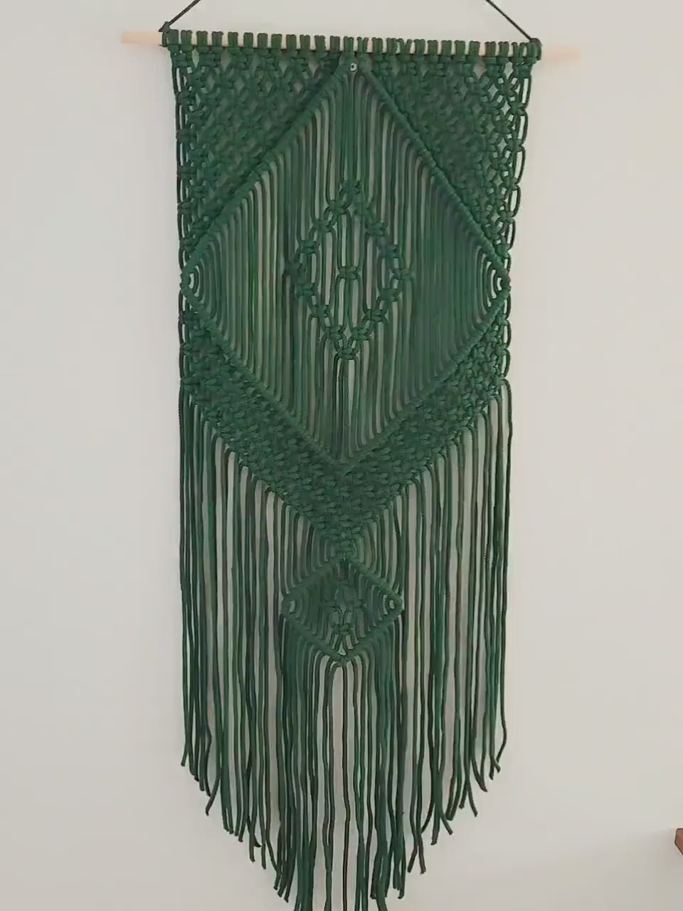 Handmade Forest Green Macrame Wall Hanging, Bohemian Decor, Narrow and Long, Wall Decor, Woven Wall Hanging