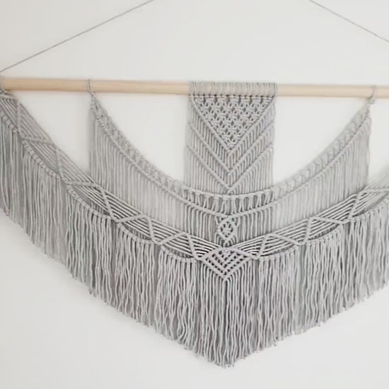 Handmade Light Gray Macrame Wall Hanging, 5 Size Options from 1 Foot Wide to 5 Feet Wide