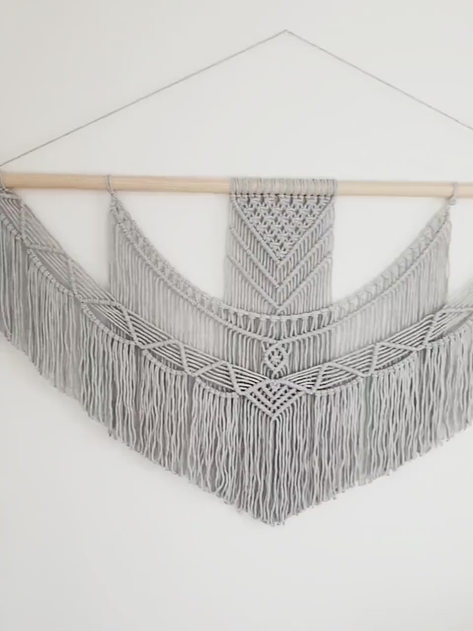 Handmade Light Gray Macrame Wall Hanging, 5 Size Options from 1 Foot Wide to 5 Feet Wide
