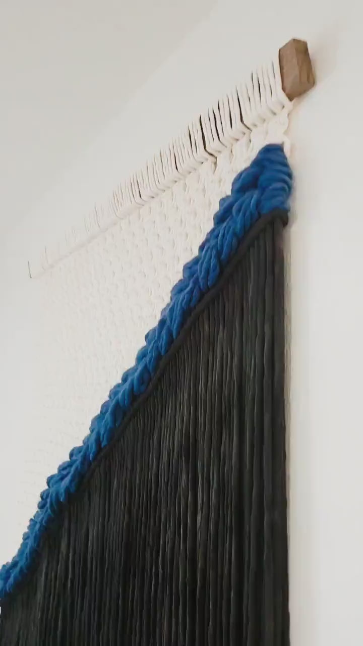 Handmade Natural White and Black Dyed Macrame Wall Hanging, Woven Wall Art